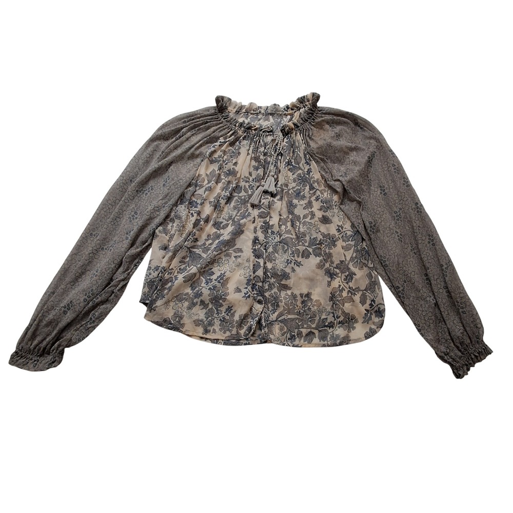 Free People Hendrix Blouse Womens XS Beige Blue Floral Tassel Peasant Sheer Boho